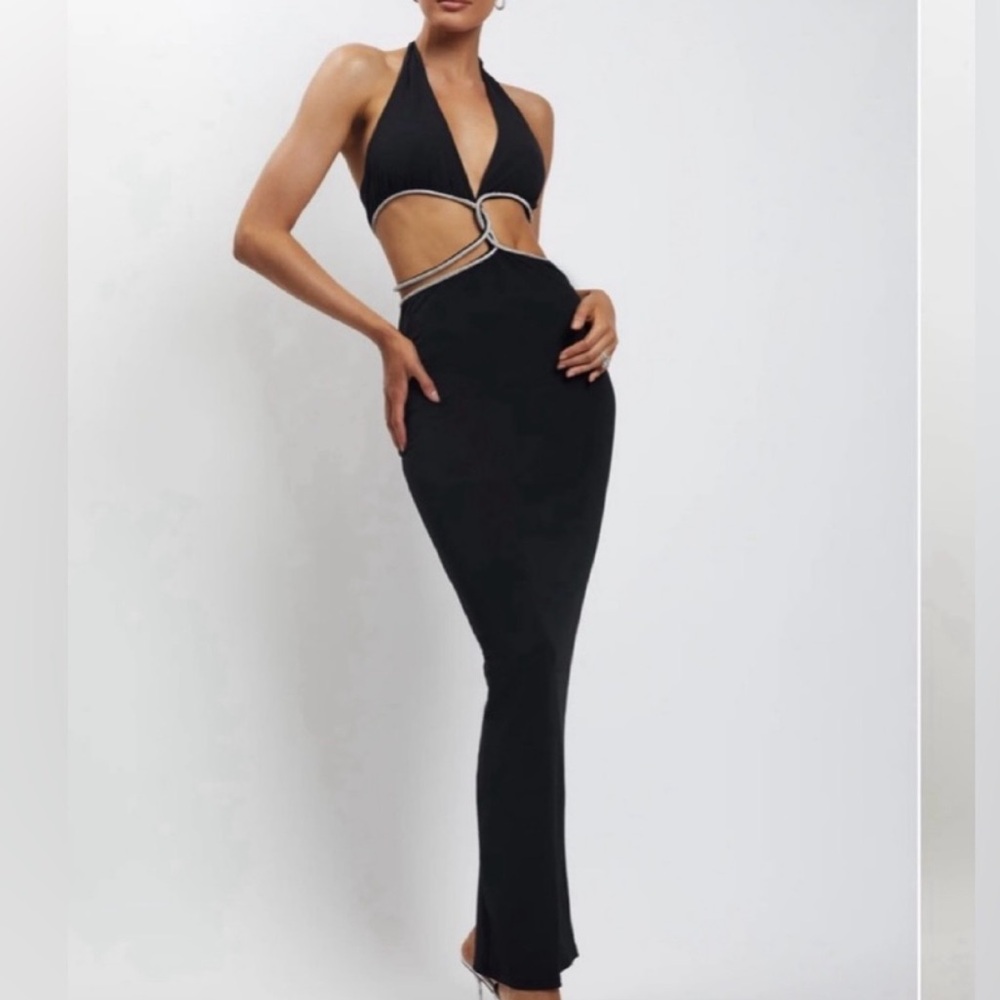 NEW Meshki Size Medium Nicha Black Diamanté Cut Out Midi Dress Formal Party